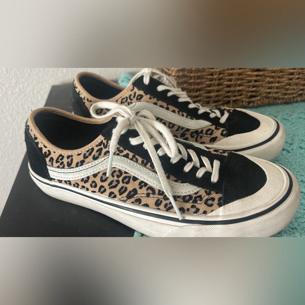Vans Old Skool Leopard Print Sneakers in Tan, Black & White